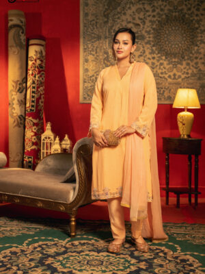 Gulzarah Peach Apricot Three Piece Ethnic Suit for Women S-XL
