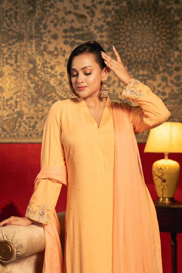 Gulzarah Peach Apricot Three Piece Ethnic Suit for Women S-XL