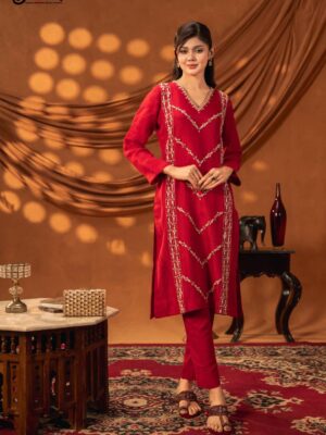 Maheera Hand Crafted Three Piece Ethnic Suit for Women Ruby Red S-XL