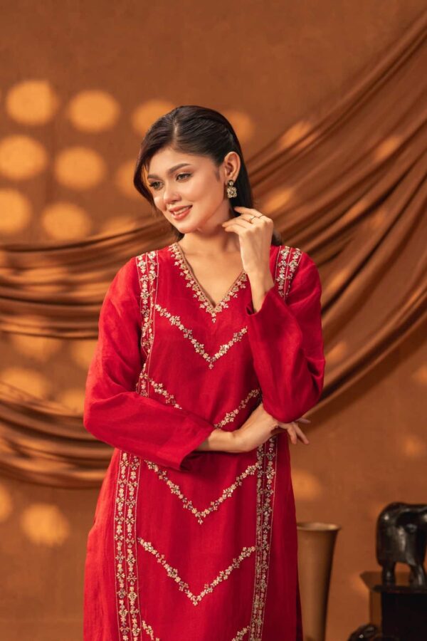 Maheera Hand Crafted Three Piece Ethnic Suit for Women Ruby Red S-XL