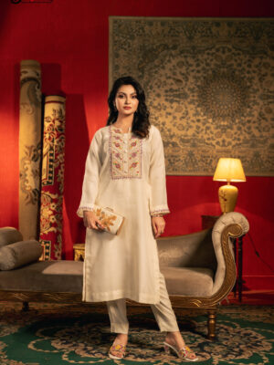 Gulbahar Hand Crafted Two Piece Ethnic Suit for Women Ivory white S-XL