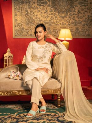 Mishaal Hand Crafted Three Piece Ethnic Suit for Women Ivory S-XL