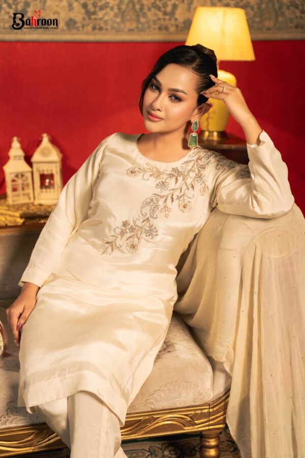 Mishaal Hand Crafted Three Piece Ethnic Suit for Women Ivory S-XL