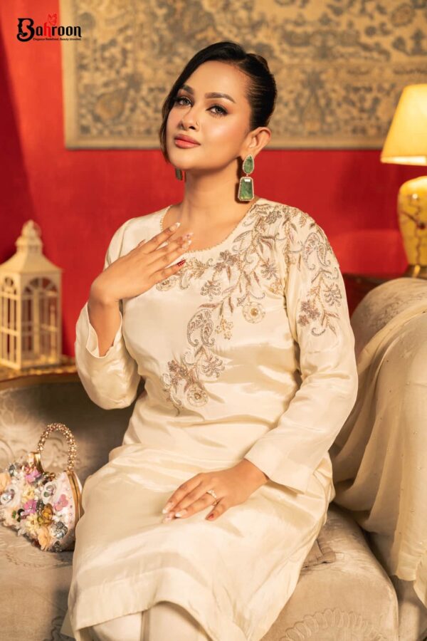 Mishaal Hand Crafted Three Piece Ethnic Suit for Women Ivory S-XL