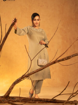 Zeenoor Hand Crafted Two Piece Ethnic Suit for Women Sage Green S-XL