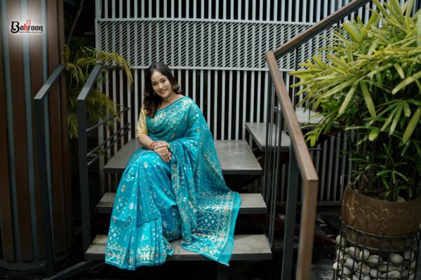 Aqua Blue Zari Buti Jamdani Saree