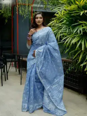 Pastel Blue Silver Zari Jamdani Saree