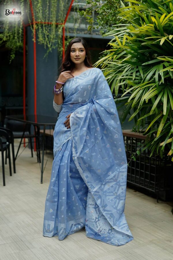 Pastel Blue Silver Zari Jamdani Saree