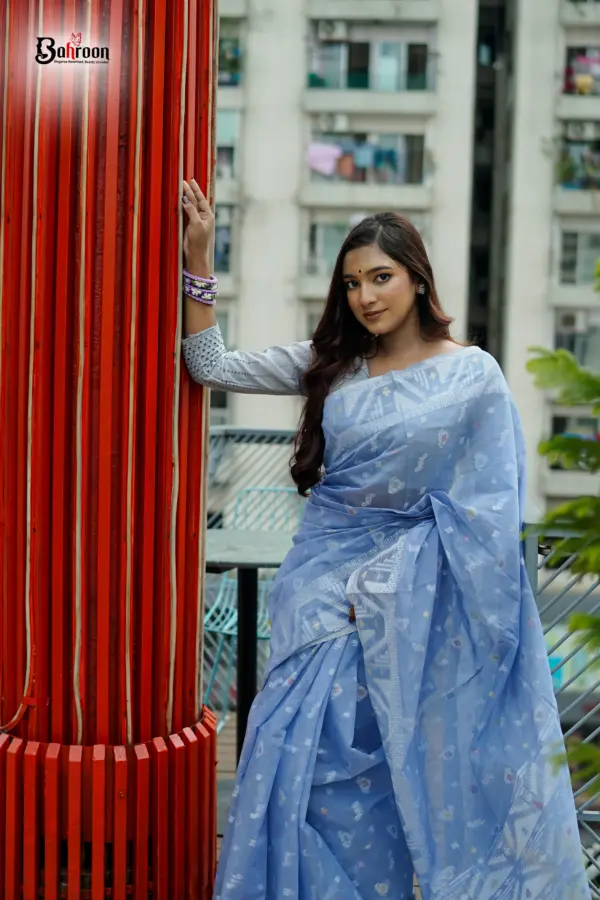 Pastel Blue Silver Zari Jamdani Saree