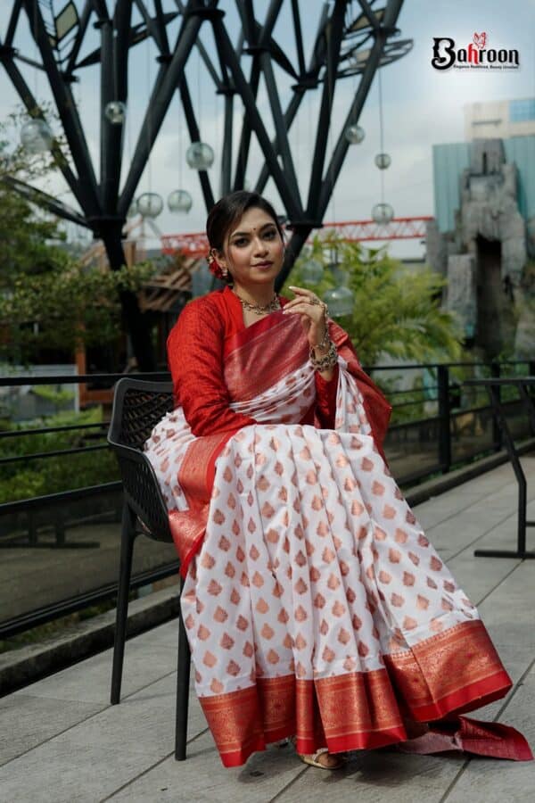 Red Floral Border Zari Butti Katan Saree