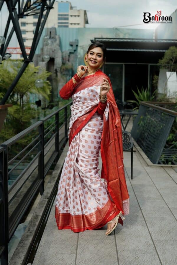 Red Floral Border Zari Butti Katan Saree
