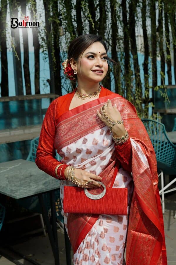 Red Floral Border Zari Butti Katan Saree
