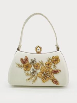 Elegant Ivory Floral Embroidered Handbag