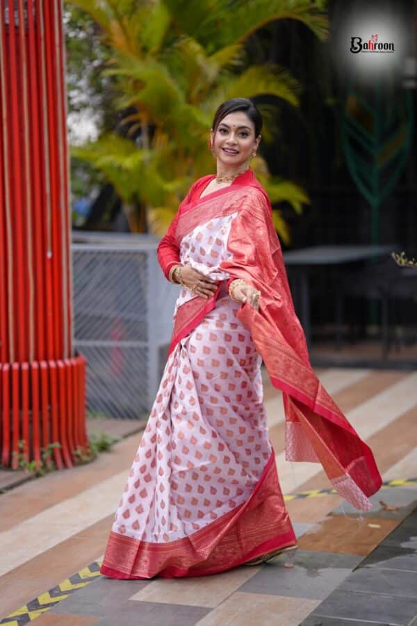 Red Floral Border Zari Butti Katan Saree