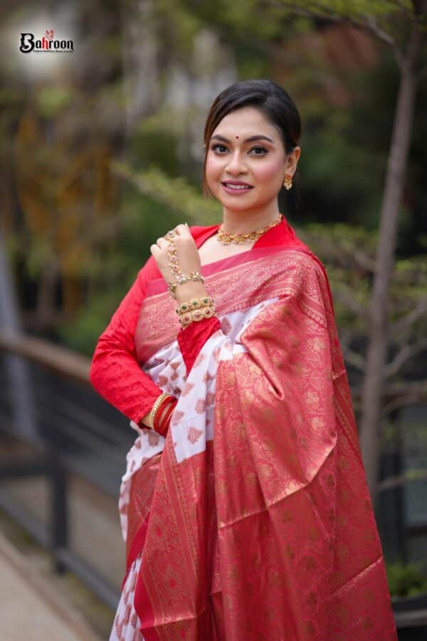 Red Floral Border Zari Butti Katan Saree